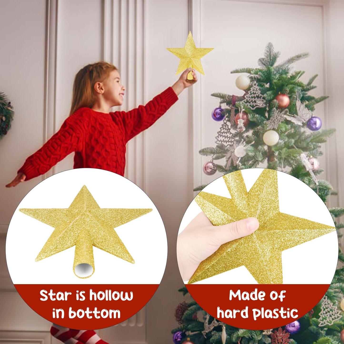 DERAYEE Christmas Tree Topper, 7.9 Inch Gold Christmas Tree Star Tree Topper Glitter Xmas Tree Top Star for Christmas Tree Decoration