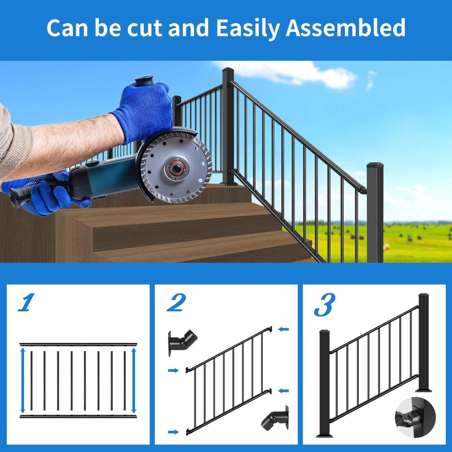 Bobolish 36+2" H x 4 ft. W Aluminum Porch & Stair Railing System, Upgrade Guardrail Kit with Textured Black AAMA 2604 Powder-Coat Finish for Outdoor Decks, Porches & Balconies (1 Panel)
