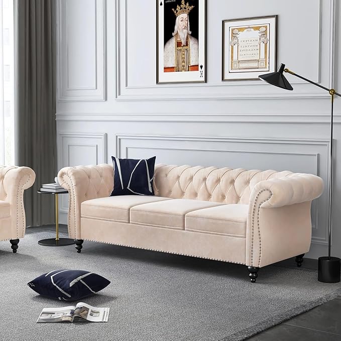 Mid-Century 3 Seater Sofa, Velvet Couch