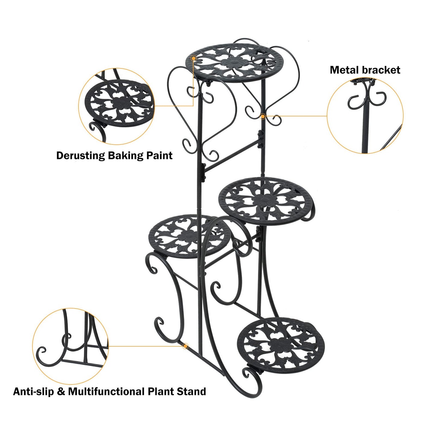 32inch Tall Metal Plant Stand Multi Tiered 4 Tier Multiple Flower Pots Holder Shelf Rack Display Stand Wrought Iron Planter Display Rack Potted Planter Shelves Organizer for Patio Balcony Garden