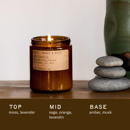 P.F. Candle Co. Amber & Moss Classic Standard Scented Soy Wax Candle (7.2 oz) 40-50 Hour Burn Time, Amber Glass Jar, Made in The U.S.A.