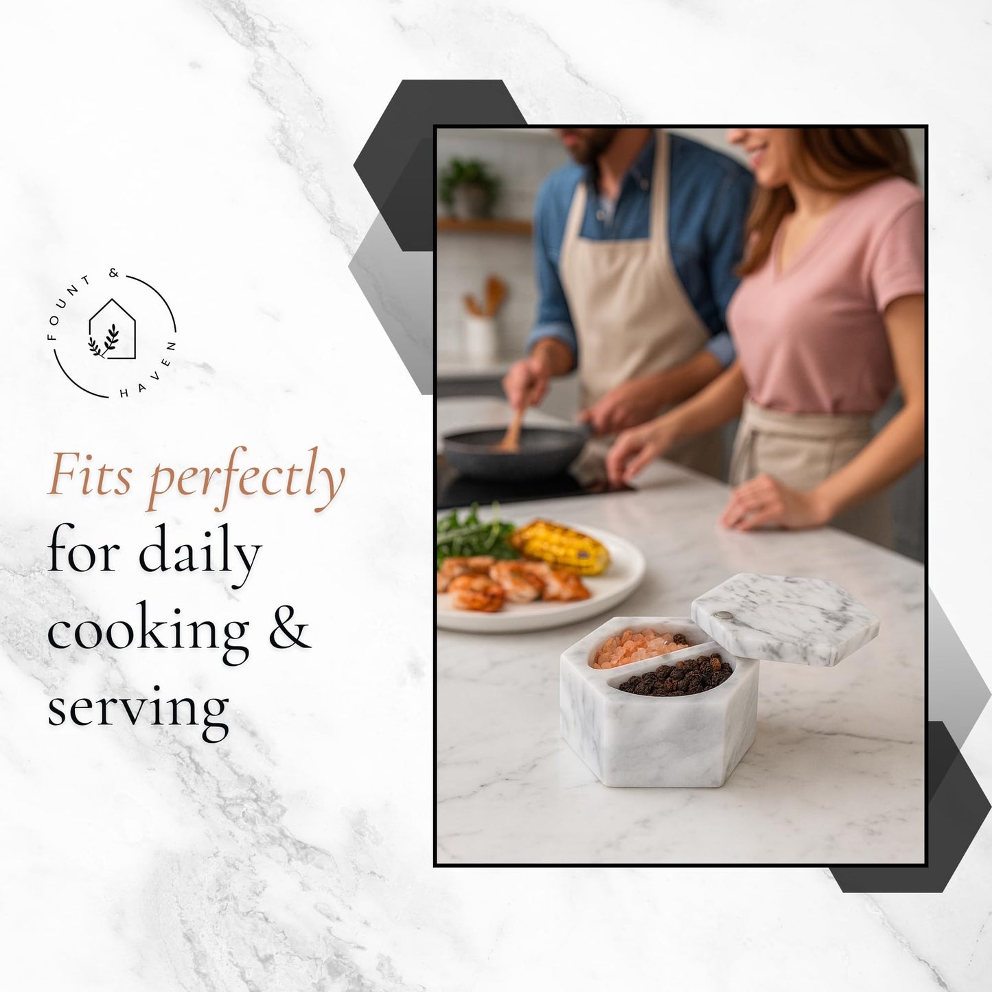Fount & Haven Marble Salt and Pepper Pinch Pots Durable Marble Salt Container for Countertop, Cooking, and Serving Perfect for Herbs, Spices, Gourmet Salts, and Seasonings in Open Pinch Bowls