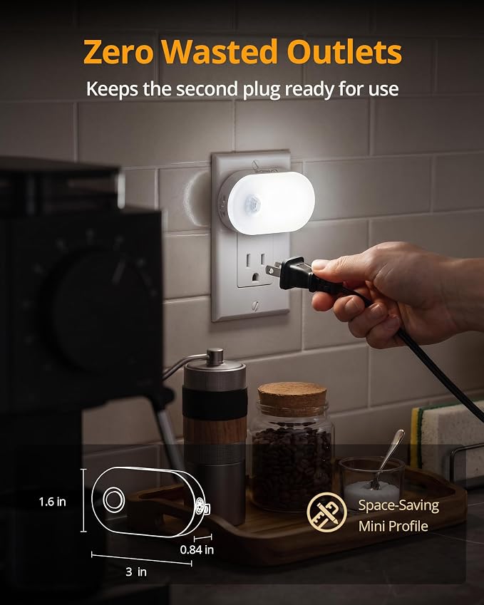Lyridz 120LM Ultra Bright Plug-in Motion Sensor Night Light, Stepless Dimmable LED Nightlight, Always-On and Auto-Off, for Hallway, Stairs, Bathroom, Bedroom, Garage, Cool White (4-Pack)
