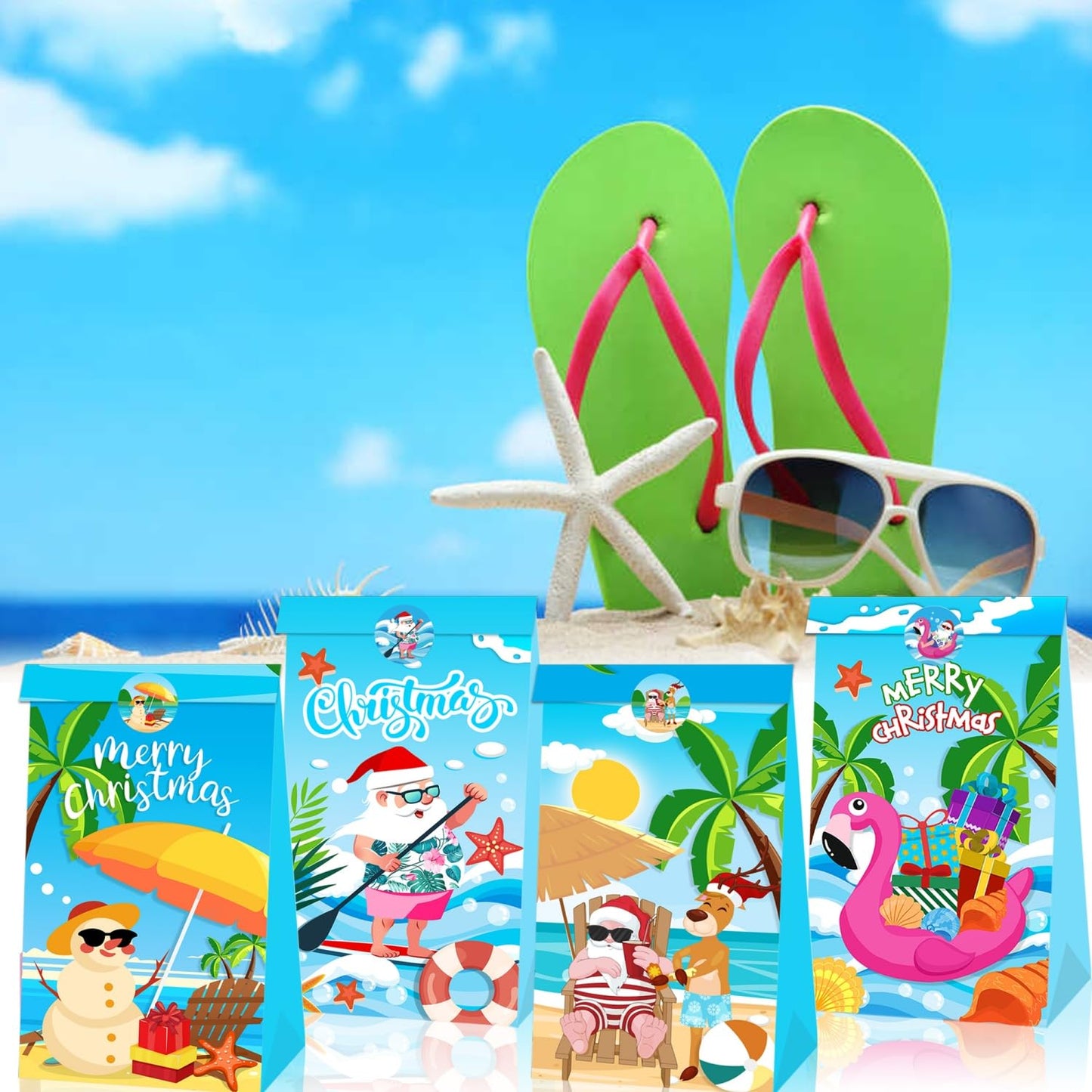 KYMY 12PCS Summer Christmas Party Favor Bags, Hawaiian Beach Paper Totes with Stickers, July Xmas Tropical Santa & Flamingo Treat Bags for Luau Holiday Party Decorations Supplies