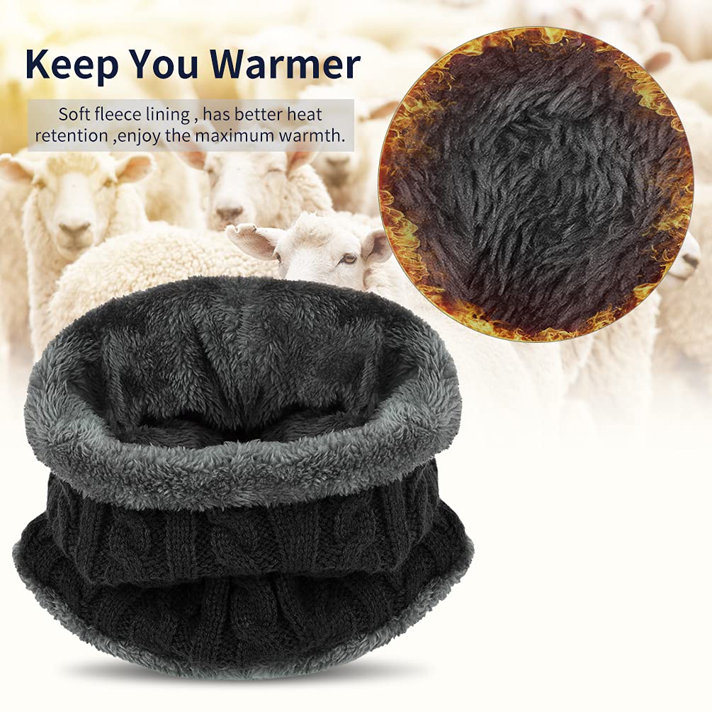 Kids Winter Hat Scarf Gloves Set - Warm Thermal Knitted Beanie Cap Snood Neck Warmer Touchscreen Anti-slip Mitten Outdoor Sports Soft Fleece Lining Elastic for Children Boys Girls Black Aged 5-10