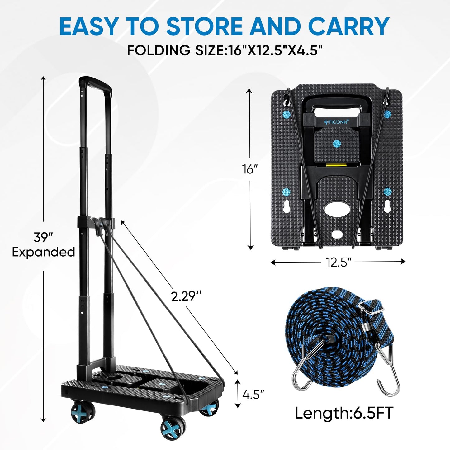 TICONN Folding Portable Dolly Cart, Black, 4-Wheel, 110 lbs Capacity, Adjustable Handle, Silent Wheels