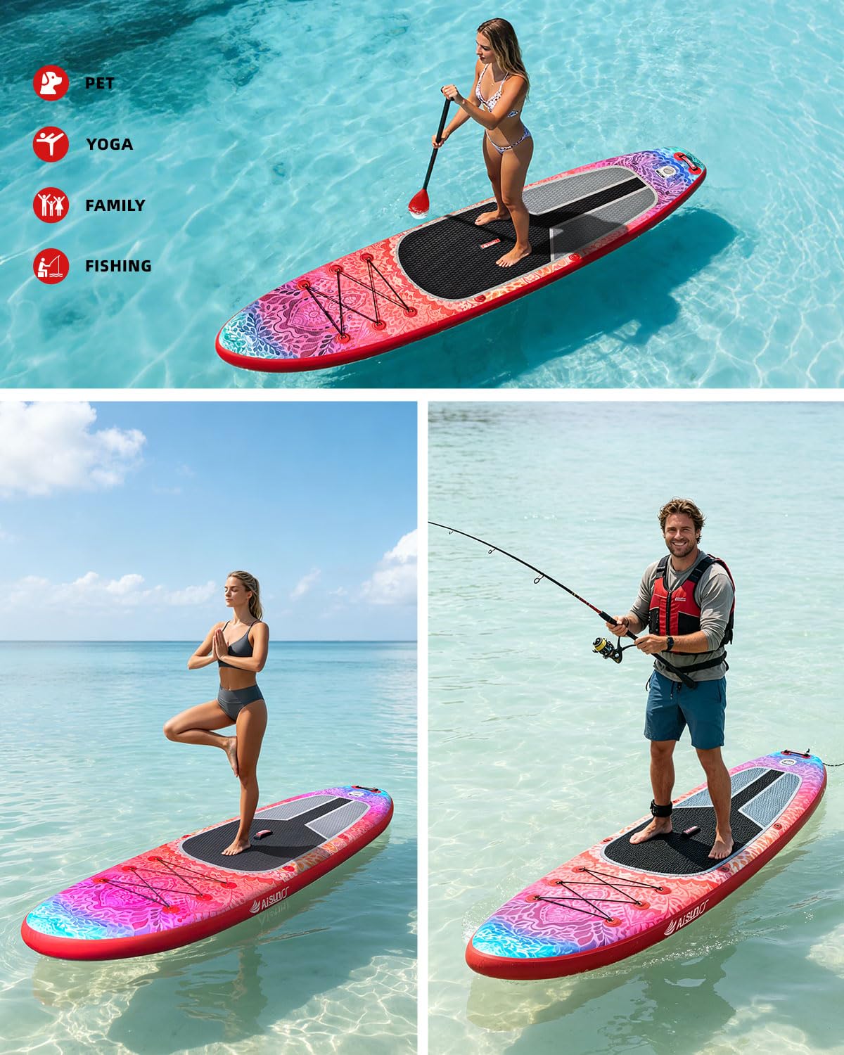 AISUNSS SUP Board 10.6Ft All Around Board Premium iSUP, Yoga Board with SUP Accessories Include Non-Slip mat, Waterproof Phone Bag, Double Action Pump, Adjustable Aluminum Paddle (Red Meditation)