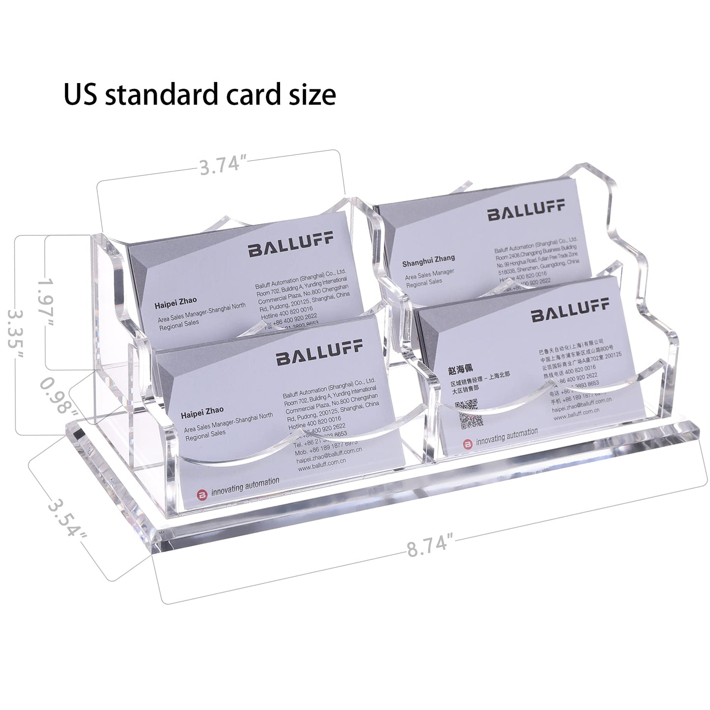 HeZone Business Card Holder Display for Desk, Cards Organizer Case for Women and Men 4 Slot 2 Tier, Clear Acrylic Business Card Stand Rack with 1 Pack (4 Grid-H)