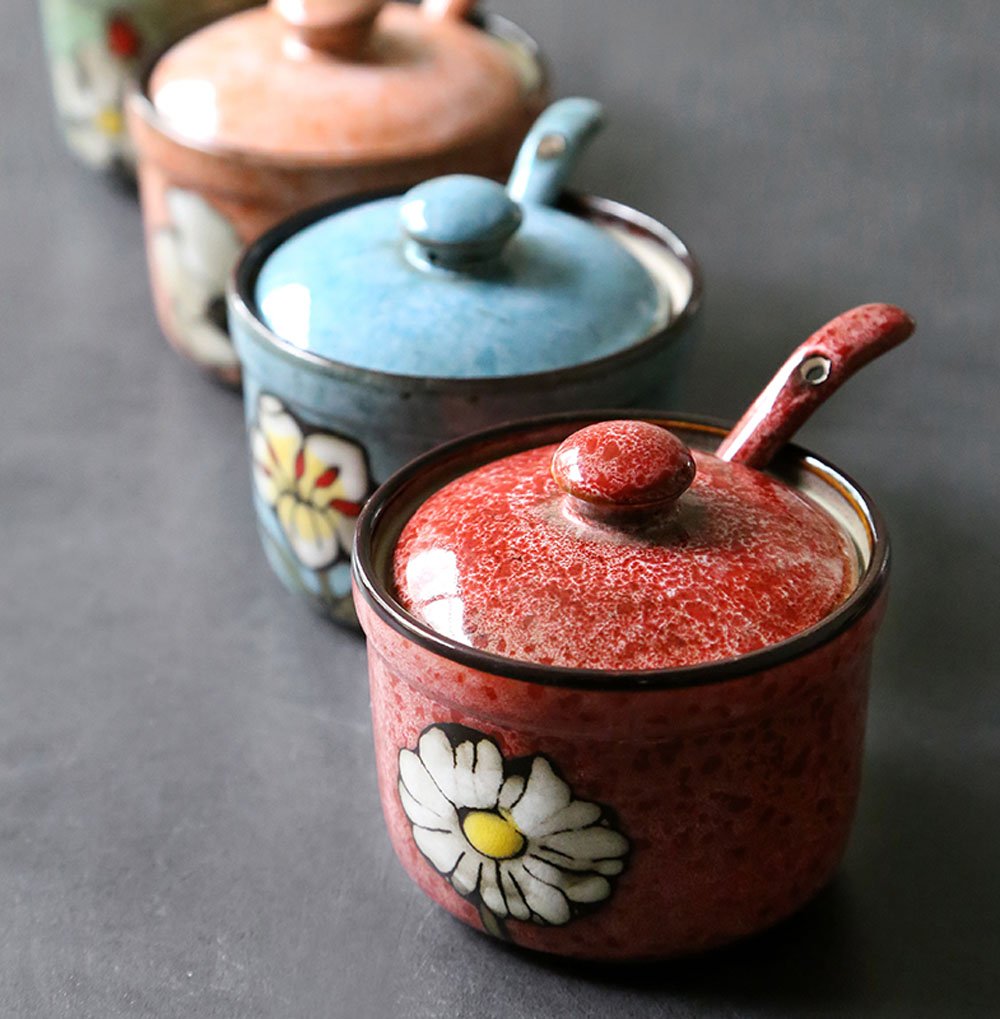 Ceramic Flower Sugar Salt Pepper Storage Jar Seasoning Pot with Spoon