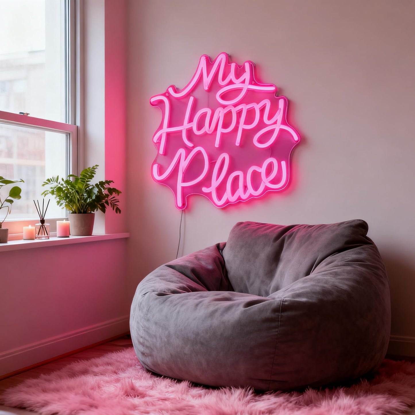 My Happy Place LED Neon Sign - USB Powered Dimmable Neon Light for Bedroom Living Room Home Dorm Decor Party Wall Table Art Decorations for Teen Girls Adults 11 x 9.8 In