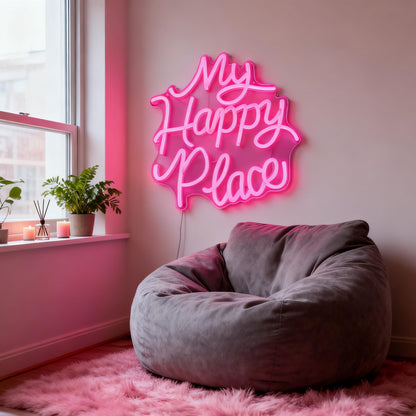 My Happy Place LED Neon Sign - USB Powered Dimmable Neon Light for Bedroom Living Room Home Dorm Decor Party Wall Table Art Decorations for Teen Girls Adults 11 x 9.8 In