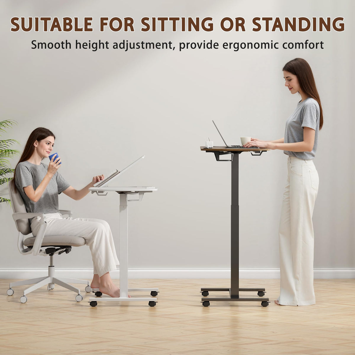 6 In 1 Overbed Bedside Table with Wheels, 32'' Long 90° Medical Adjustable Tilt Hospital Bed Table, Standing Desk with Charging Station Cup Holder Hook, 30''-43'' Height Home Hospital Office (White)