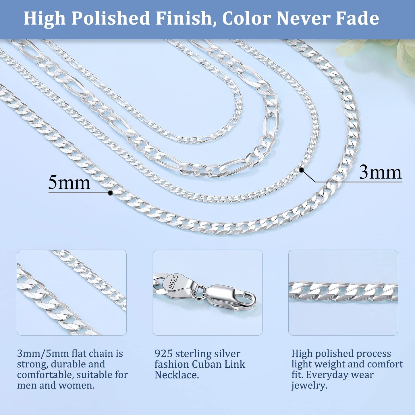 Suplight 925 Sterling Silver Cuban Chains Necklace for Men 5mm Flat Solid Mens Necklaces 20 Inch Men's Silver Chain Gift for Son Husband Father
