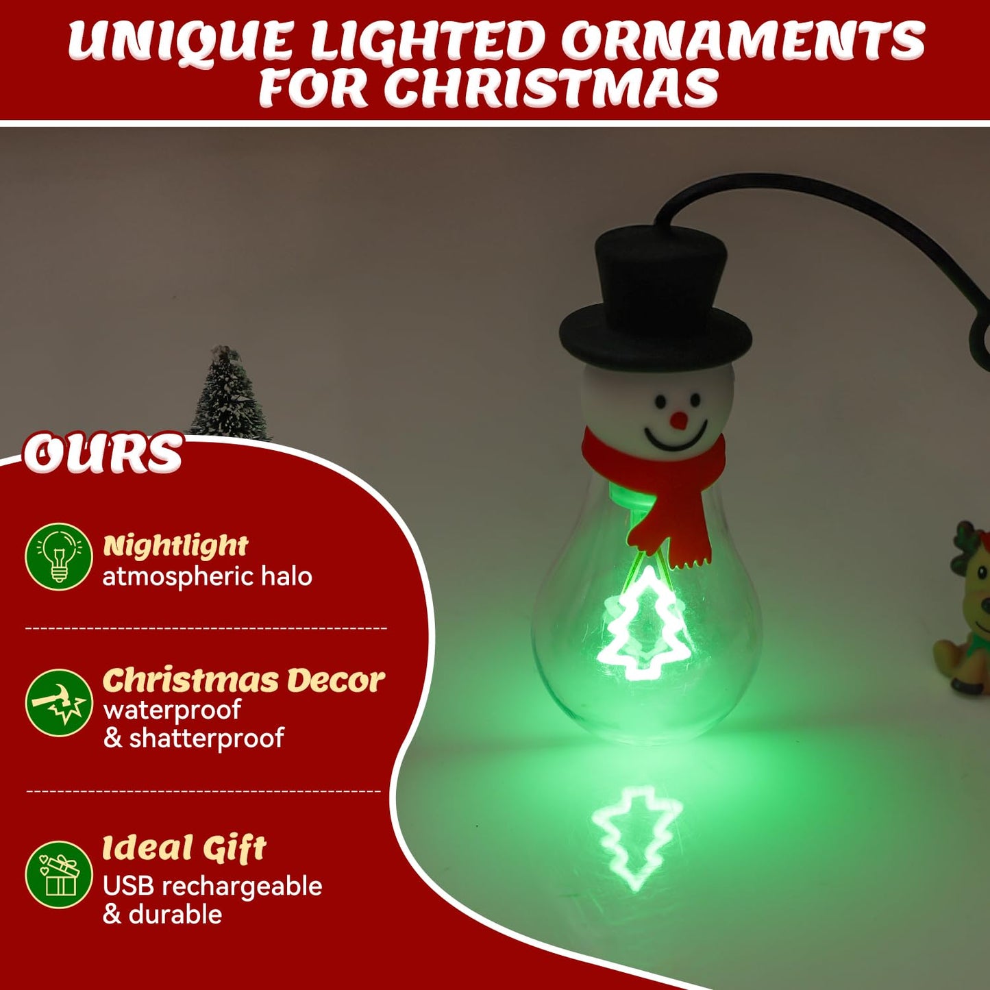 Brightever 2-Pack Hanging Christmas NightLights, USB Rechargeable Indoor Christmas Decorations A19 LED Light Bulb with Snowflake and Star LED Filaments, Great Gift Ideal for Kids, Friends, Family