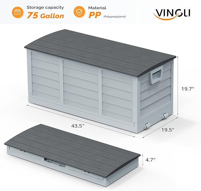 VINGLI 75 Gallon Collapsible Outdoor Storage Box, Simple-to-assemble Plastic Storage Containers with Lid, Patio Deck Box Furniture for Garden, Pool, Balcony, Yard (Black)