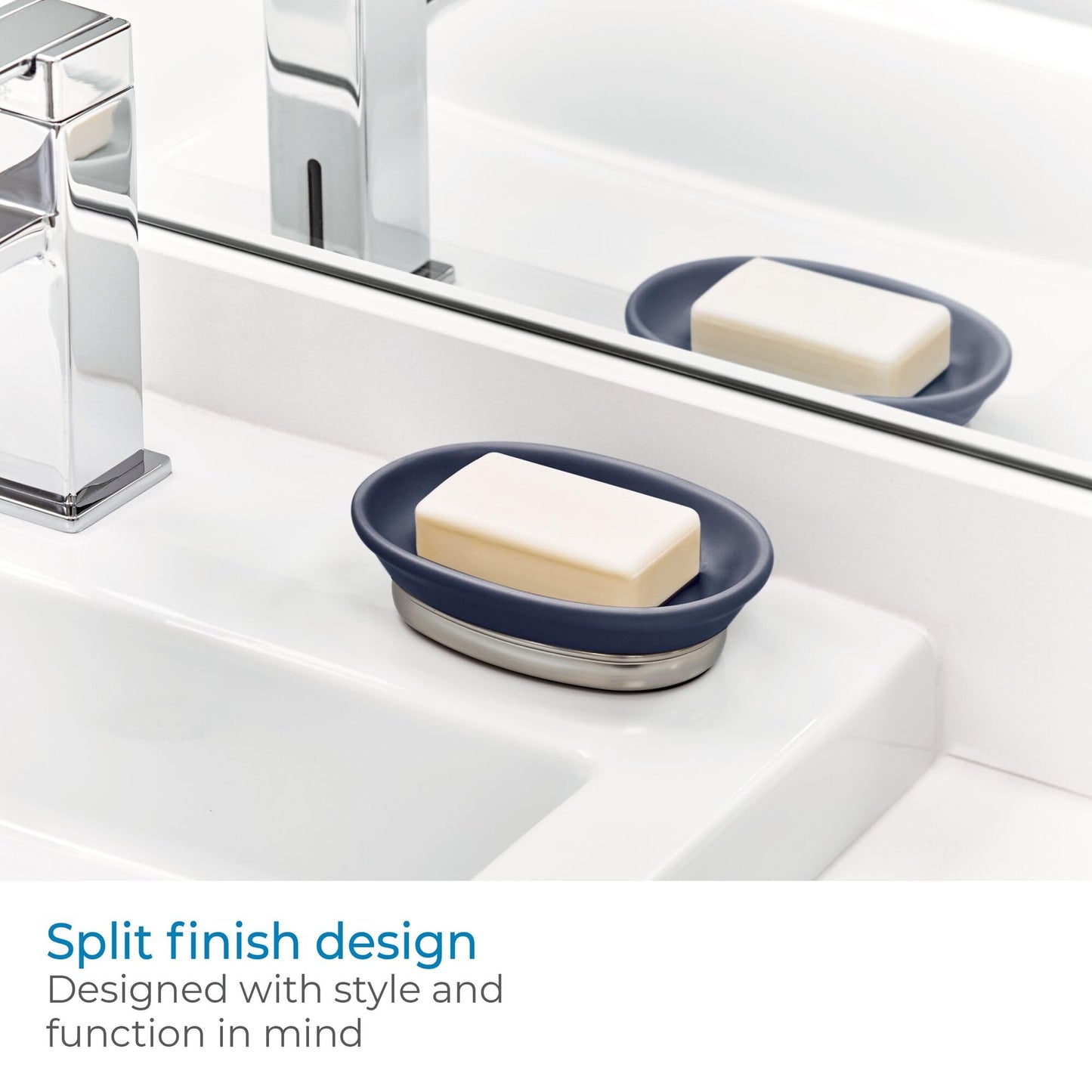 iDesign Ceramic and Steel Bar Holder, The York Collection Soap Dish, Matte Navy/Brushed Nickel