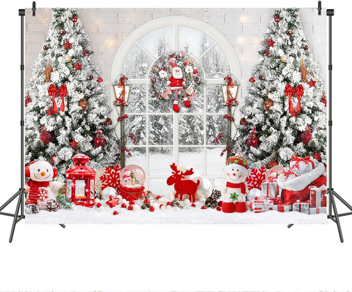 Mocsicka Christmas Window Backdrop Snow World Santa Claus Snowman Photography Background Christmas Tree New Years Kids Family Party Decoration Props Portrait Photo Studio Props (10x7ft)