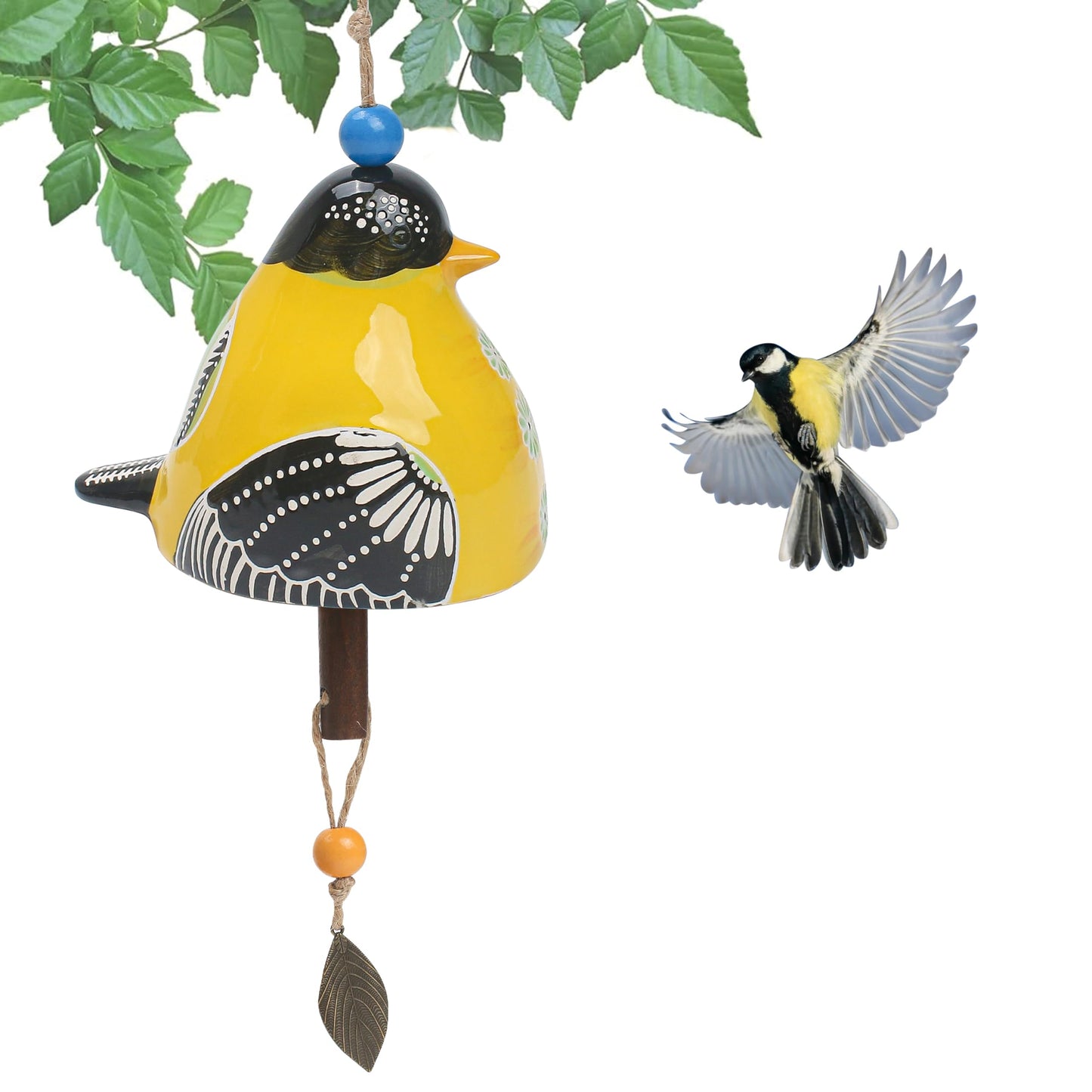 Bird Song Bell Wind Chime, Ceramic Cardinal Fashion Hanging Windchimes for Rustic Music Garden Backyard Church Decoration Porch Outside Outdoor Festival Memorial Gift Witness Friendship (Yellow)