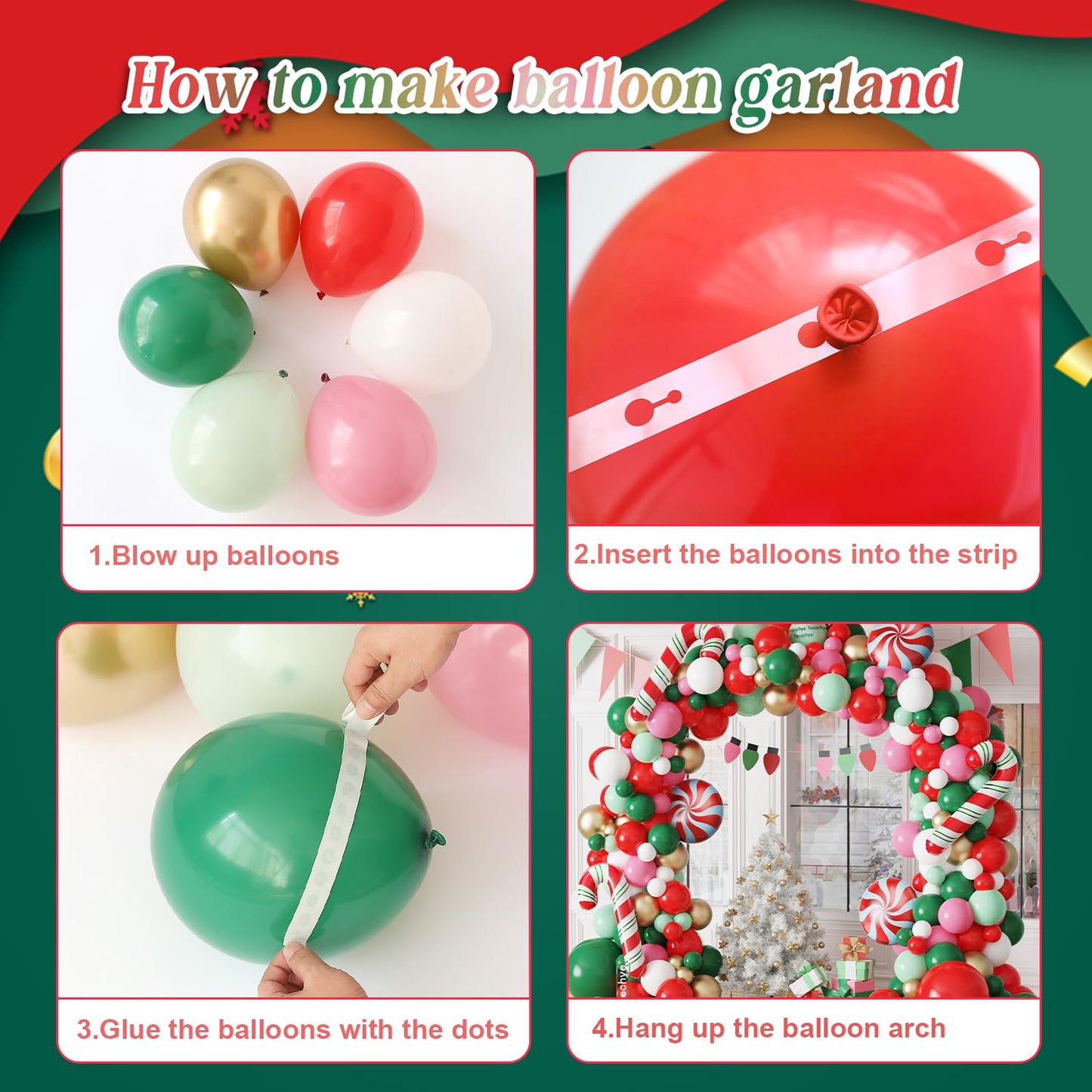 Tesochye Christmas Balloon Garland Arch kit, 161 Pcs Red Green White Pink Metallic Gold Balloons Candy Cane Foil Balloons for Xmas Christmas Party Decorations Candy Theme Birthday Baby Shower Supplies