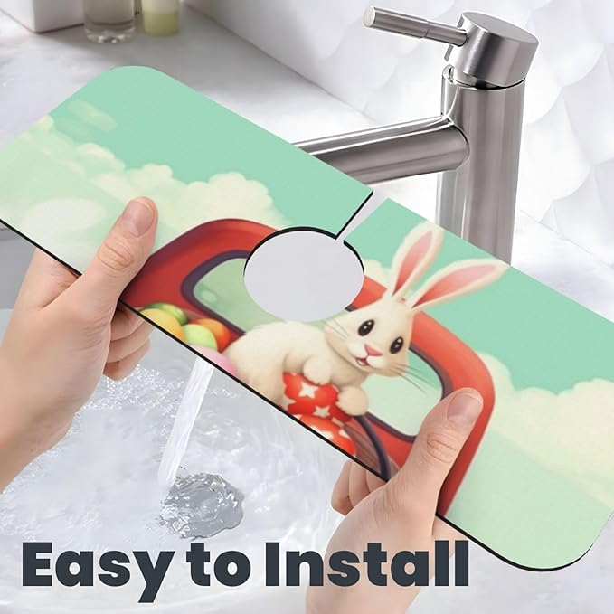 Kitchen Sink Splash Guard Faucet Mat Easter Bunny Rabbits 15"x5.5", Diatom Mat