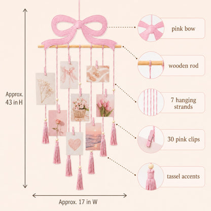 Fiwochic Pink Bow Hanging Photo Display Pink Bow Wall Decor Macrame Wall Hanging Coquette Picture Holder with 30 Clips for Teenage Girl Gift Room Decor Bedroom Graduation Wedding Coquette Party