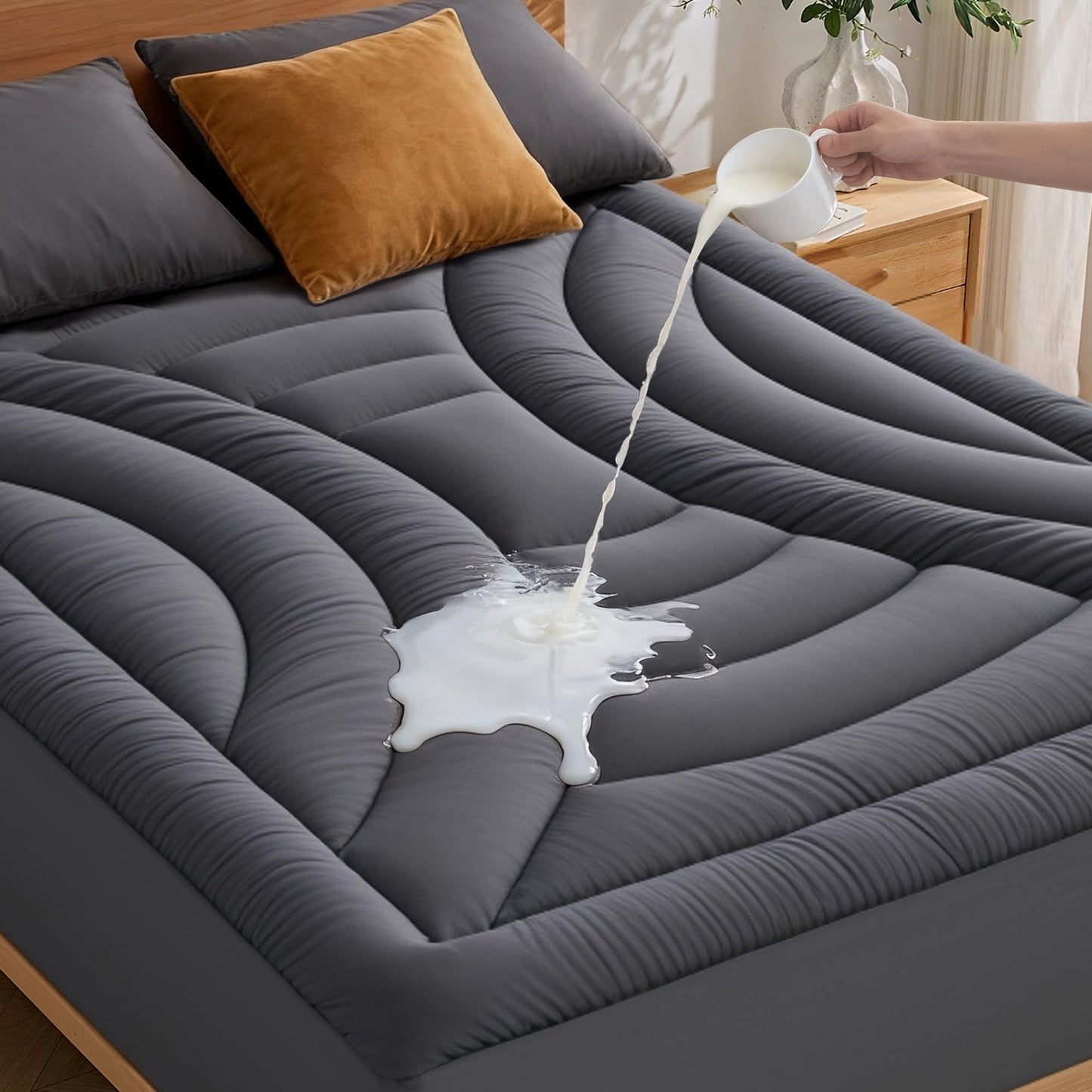 Waterproof Mattress Pad Full, Quilted Fitted Full Mattress Protector Waterproof, Soft Noiseless Mattress Topper Cover with 8"-21" Deep Pocket, Machine Washable, Grey, 54x75