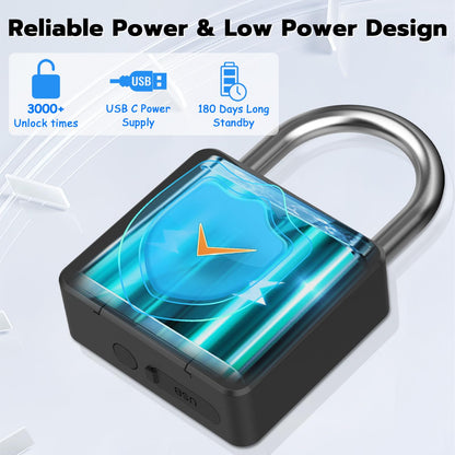 Dhiedas Fingerprint Gate Lock, 2.7'' Long Shackle Heavy Duty Smart Padlock with Key Fingerprint Bluetooth, Waterproof Biometric Keyless Gate Lock for Outdoor Fence Shed Yard Storage Door