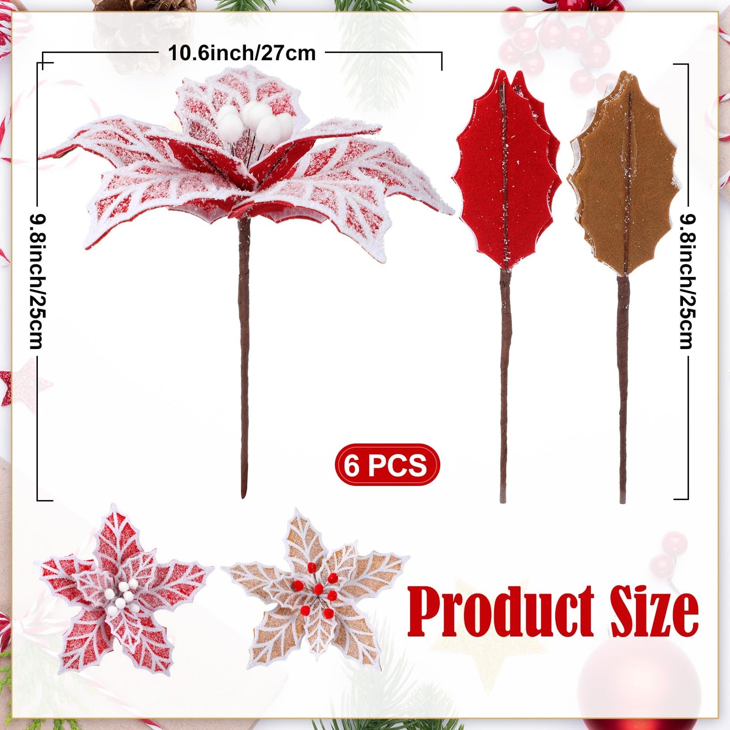 Daifunli 6 Pcs Large Christmas Gingerbread Poinsettia Flowers Tree Picks with Berries 10.6 Inches Christmas Tree Ornaments for Xmas Home Vase Decor(Gold and Red)