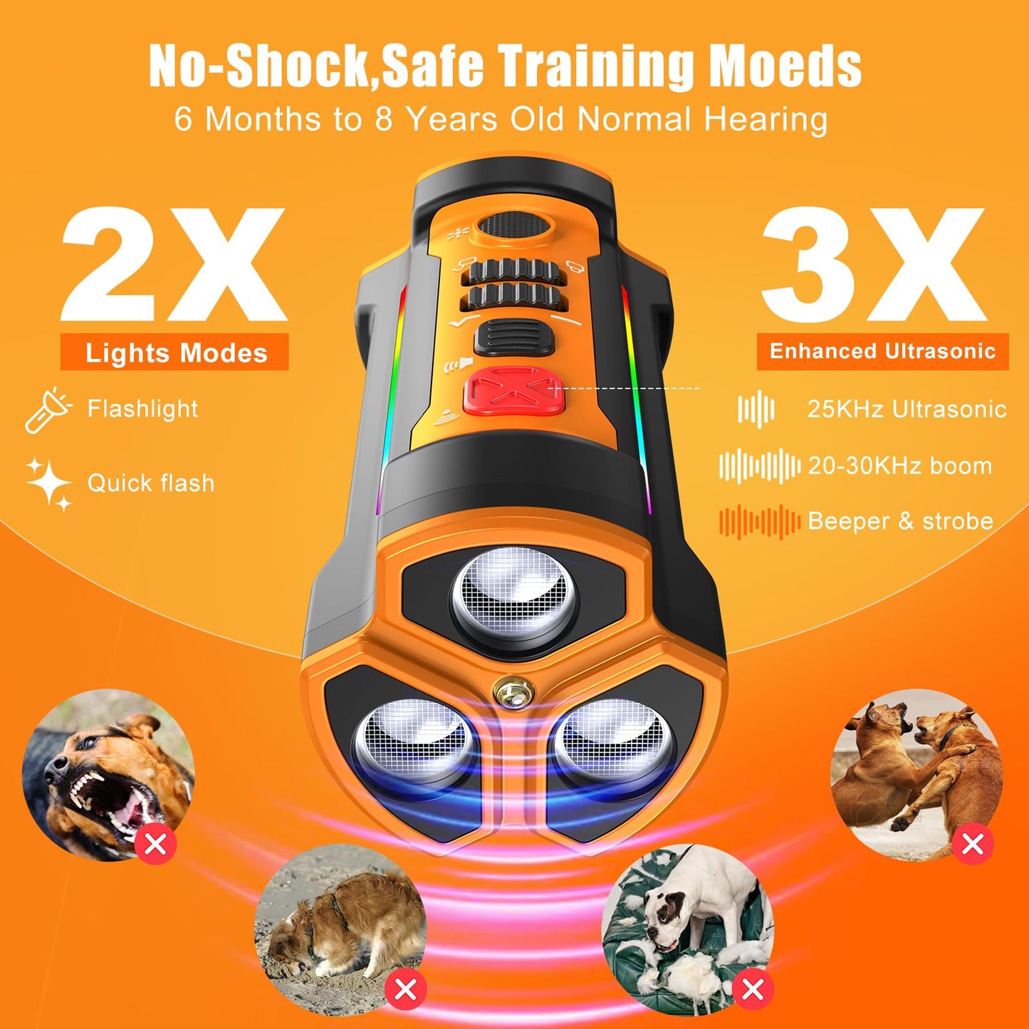Chwwen Dog Bark Deterrent Devices 2025 Release Anti Barking Device for Dogs Barking Silencer in 55FT Indoor Outdoor 3X Head Anti Bark Device with Flashlight &Party Flashlight Portable Training Tool