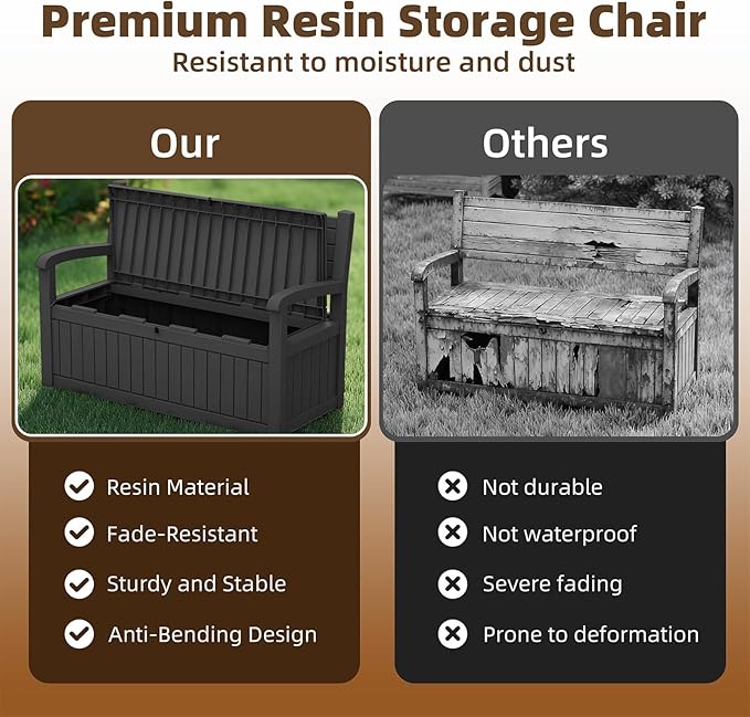EasyUp 80 Gallon Wood Grain Style Outdoor Storage Bench, Waterproof and Lockable Deck Box Outdoor Storage Furniture for Patio,Garden,and Porch – Perfect for Storing Garden Tools and Cushions(Black)