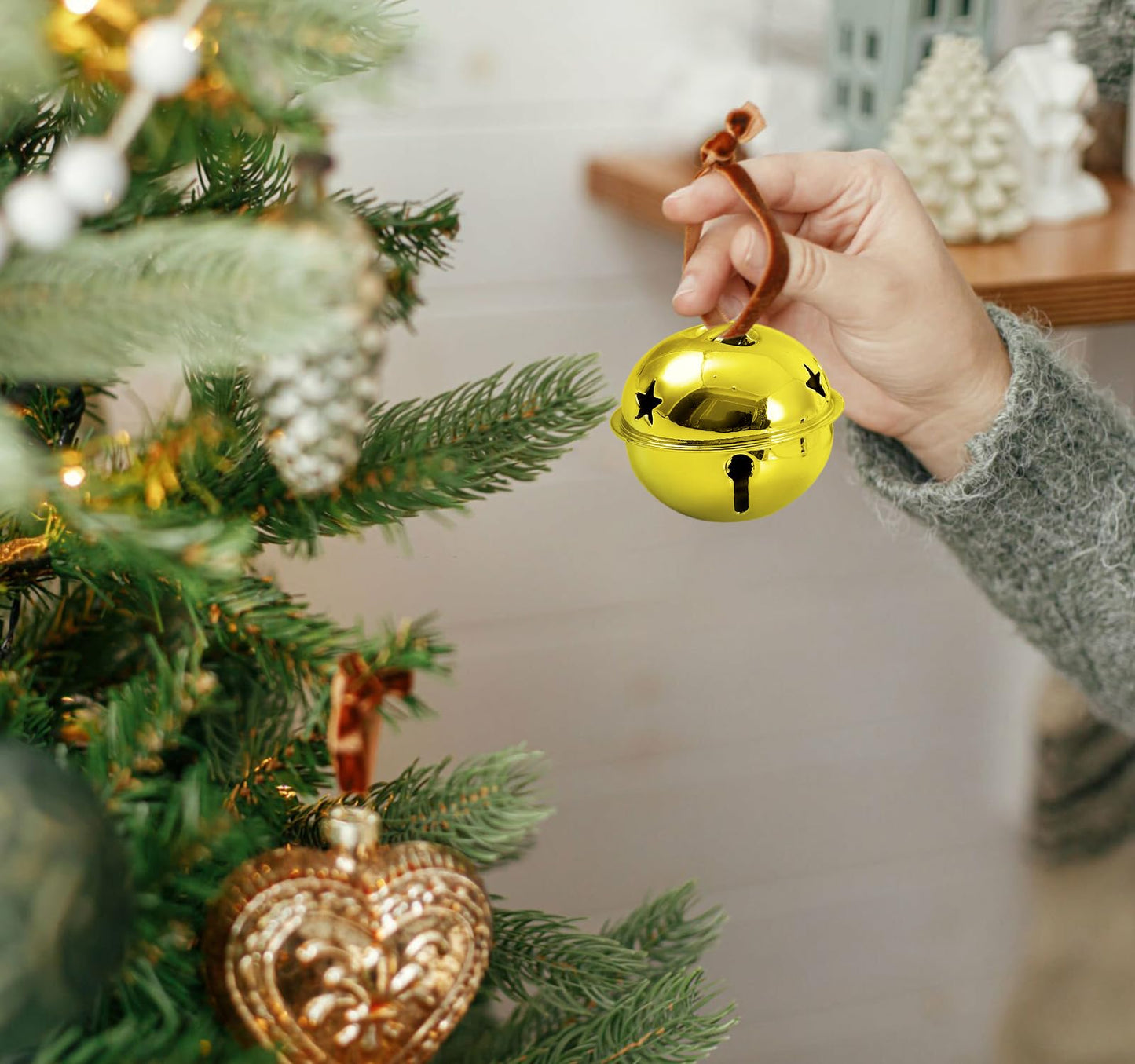 20 Pcs Gold Large Jingle Bells Ornaments Gifts Bulk -2 Inch Metal Craft Christmas Believe Bell and Red Ribbon for Christmas Tree Decoration Party Gifts Festival Wedding Ornament (Gold-20 pcs-2 inch)