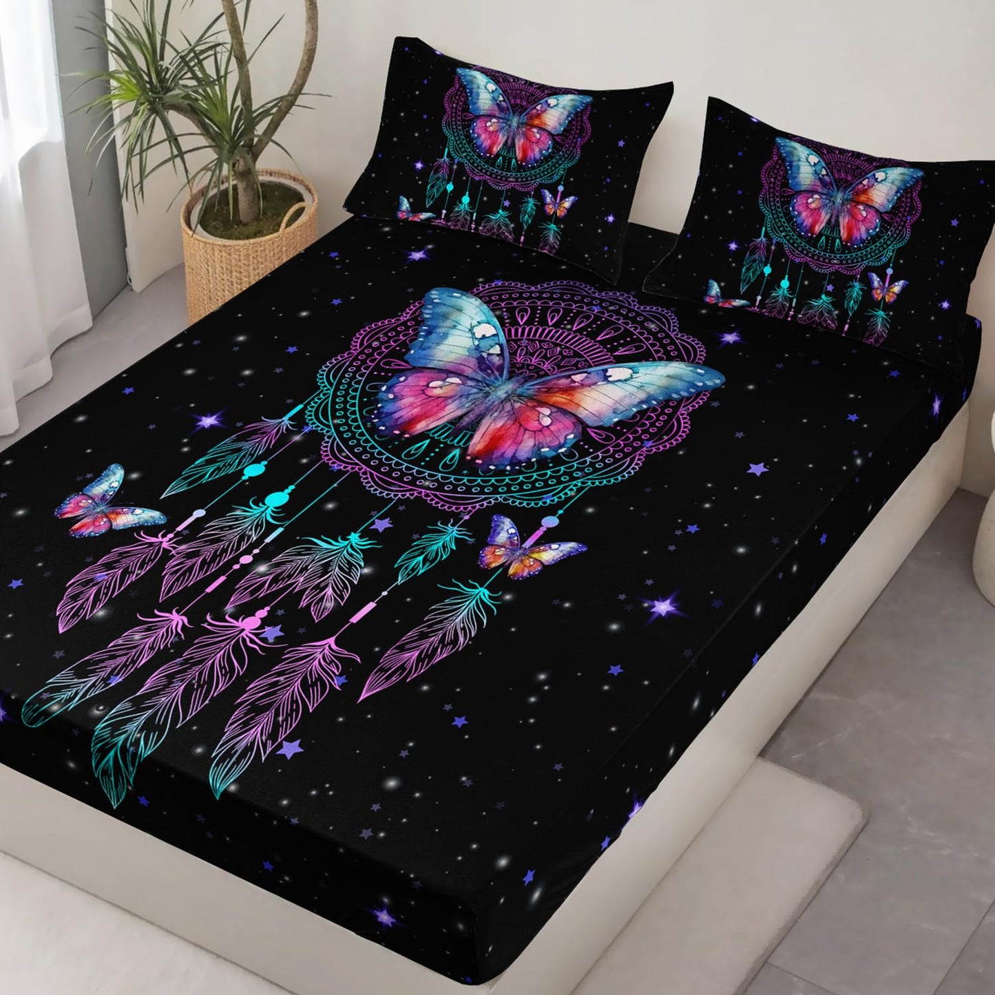 HOSIMA Dream Catcher Fitted Sheets Full Size Bed,Butterfly Feather Dream Stories Bedding Set Kidcore Room Decor Aesthetic Black Galaxy Starry Boho Bedding Set with 2 Pillowcases.