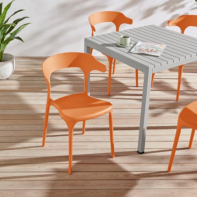 Modern Stackable Dining Chair Set, No Assembly, Plastic Chair, Patio Chair, Suitable for Indoor and Outdoor Cafes and Restaurants, Set of 4 (Orange)