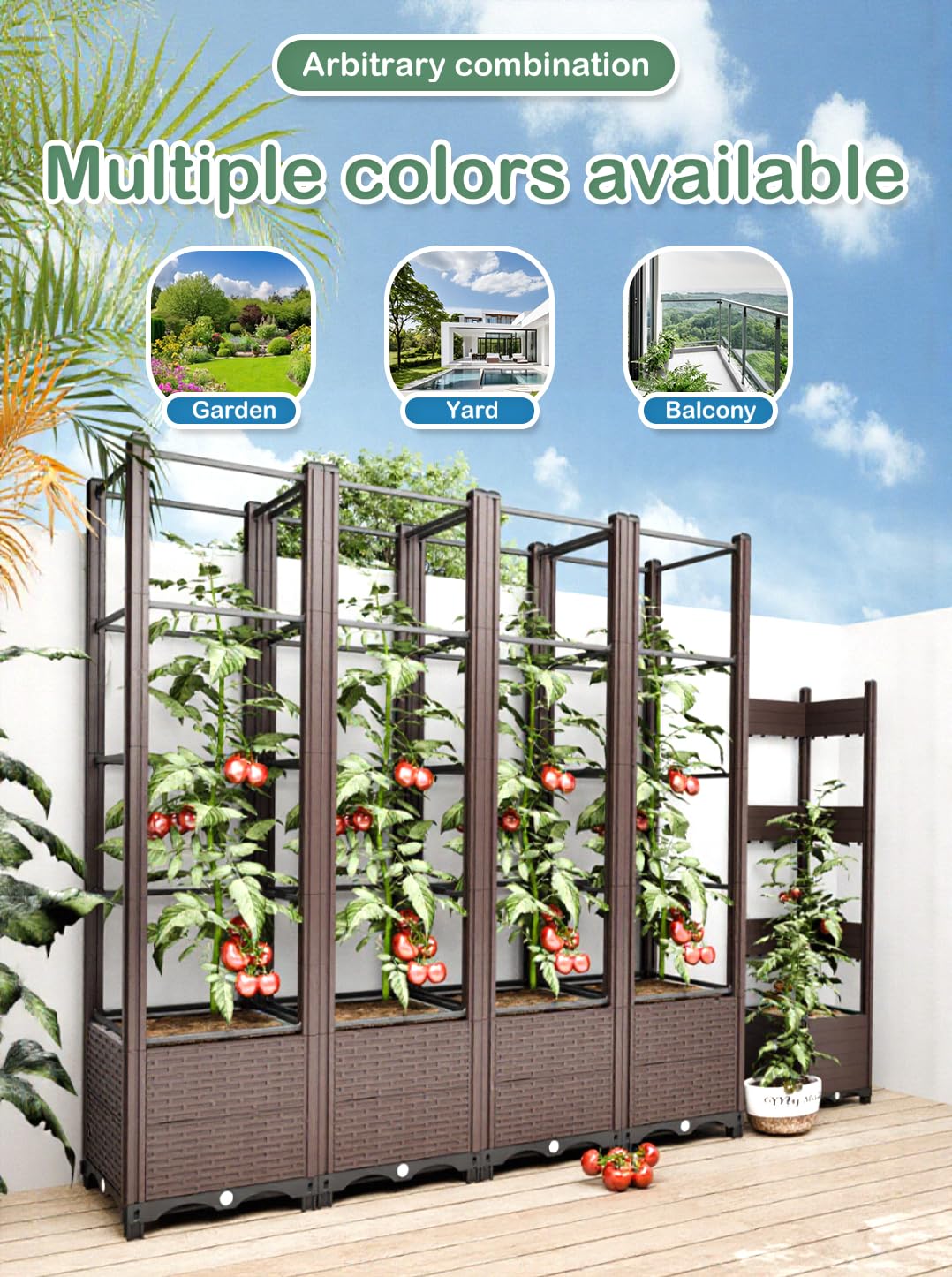 Raised Garden Bed with Trellis for Tomatoes, 10.5 Gal Planter Box Outdoor, 69.69" Tall Flower Planter with Tomato Cage, 15.7" Elevated Garden Bed for Vegetables, Climbing Plants & Flowers (Brown)