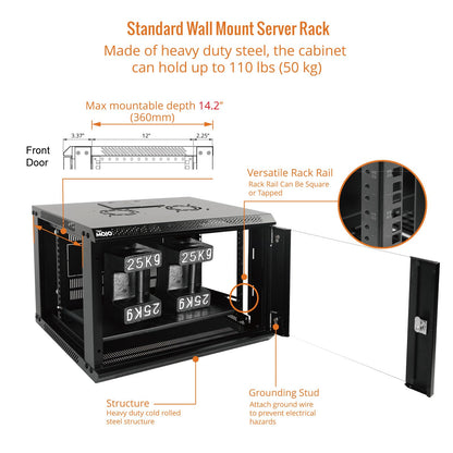 Tecmojo 6U Wall Mount Server Cabinet IT Network Rack Enclosure Lockable Door and Side Panels Black, Cooling Fan, Standard Glass Door, 450mm Depth, for 19” IT Equipment, A/V Devices