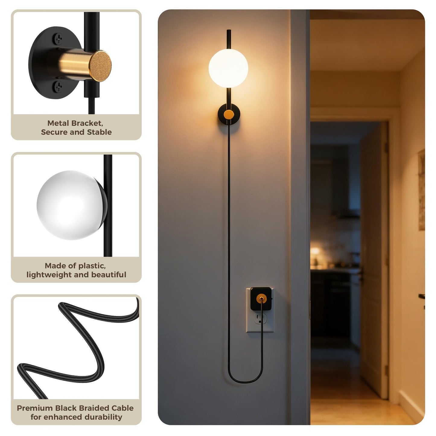 JandCase Night Lights Plug into Wall, 2 Pack 3000K Round Milky Night Light with 1.5M Braided Cord, 0-100 LM Adjustable Plug in Nightlight, Auto Light Sensor,Flexible Placement for Bedroom, Bathroom