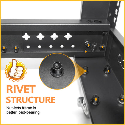 RIVECO 12U Server Rack Adjustable Depth Network 4 Post Cabinet Open Frame with Leveling Feet & Wheels Fully Rivets 1400 LBS