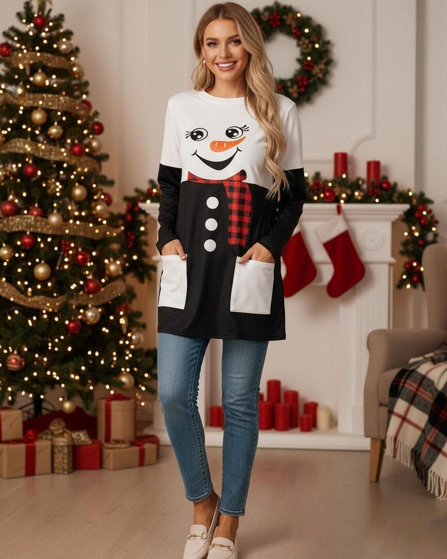 MOUSYA Women Dress Shirt Christmas Long Sleeve Tops Santa Printed Pullover Loose Plus Size T-Shirt Blouse with Pockets Black White