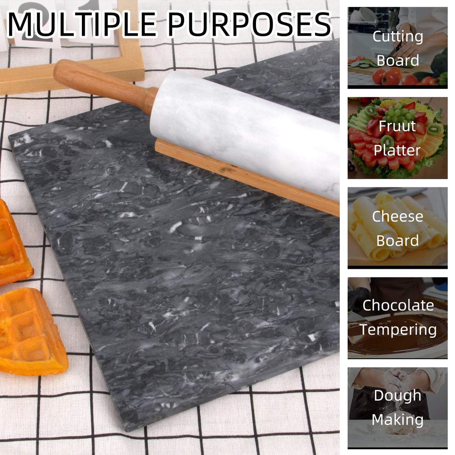 Natural Marble Stone Cutting Board for Home Kitchen,16 x 12 Inch, Marble Slab Pastry Board Large with Non-Slip Feet for Cooking,Baking, Cheese, Charcuterie, Chocolate (1, Dark Grey, Large)