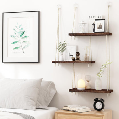 Fixwal Hanging Shelves for Wall, 3 Tier Boho Wall Decor Hanging Plant Shelf Floating Shelves Rope Rustic Wood Organizer Storage Hanger Rack for Aesthetic Home Bedroom Kitchen Bathroom - Dark Brown