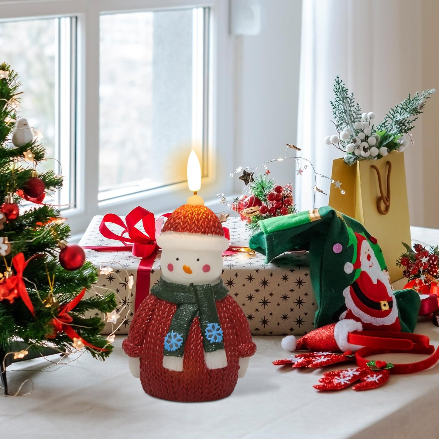 DRomance Snowman Flameless Flickering Candle Battery Operated with 6 Hour Timer Real Wax Hand-Painted LED Pillar Candle 3D Wick Indoor Christmas Holiday Decor(Sweater, 2.2" D x 5.7" H)