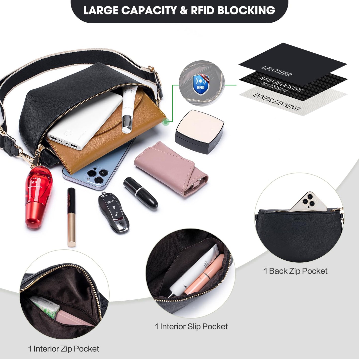 Roulens Crossbody Bag for Women Fashion Waist Packs Soft Vegan PU Leather Belt Bag Large Capacity Shoulder Bag with Adjustable and Removable Wide Strap
