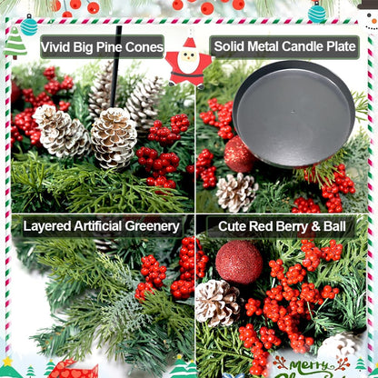 27.6" Christmas Table Centerpiece with Lighs Christmas Candle Holders with 3 Trays Red Berries Balls Pine Cones Xmas Pine Garland Lights Decoration for Centerpiece Table Mantel Holiday Home Decor