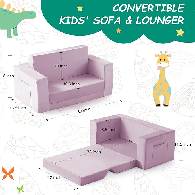 Kids Couch, 2-in-1 Toddler Chair Comfy 1-3 Years, Convertible Kids Chair