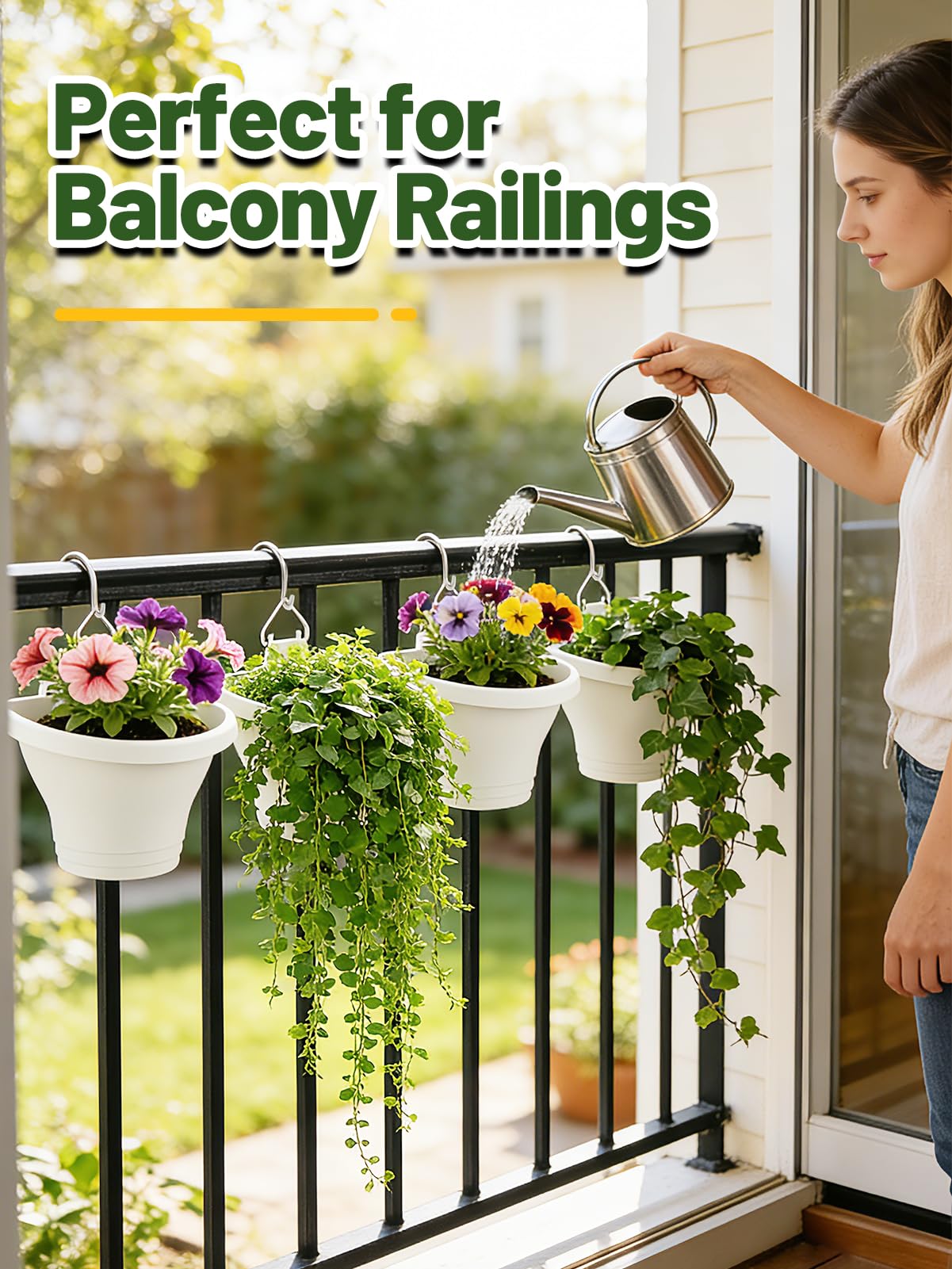 MADHOLLY 6Pcs Vertical Hanging Planters for Outdoor Plants - Wall Plant Holder for Indoor Decorations Garden Fence, Plastic Flower Pots with Drainage Grid and Hooks (White)