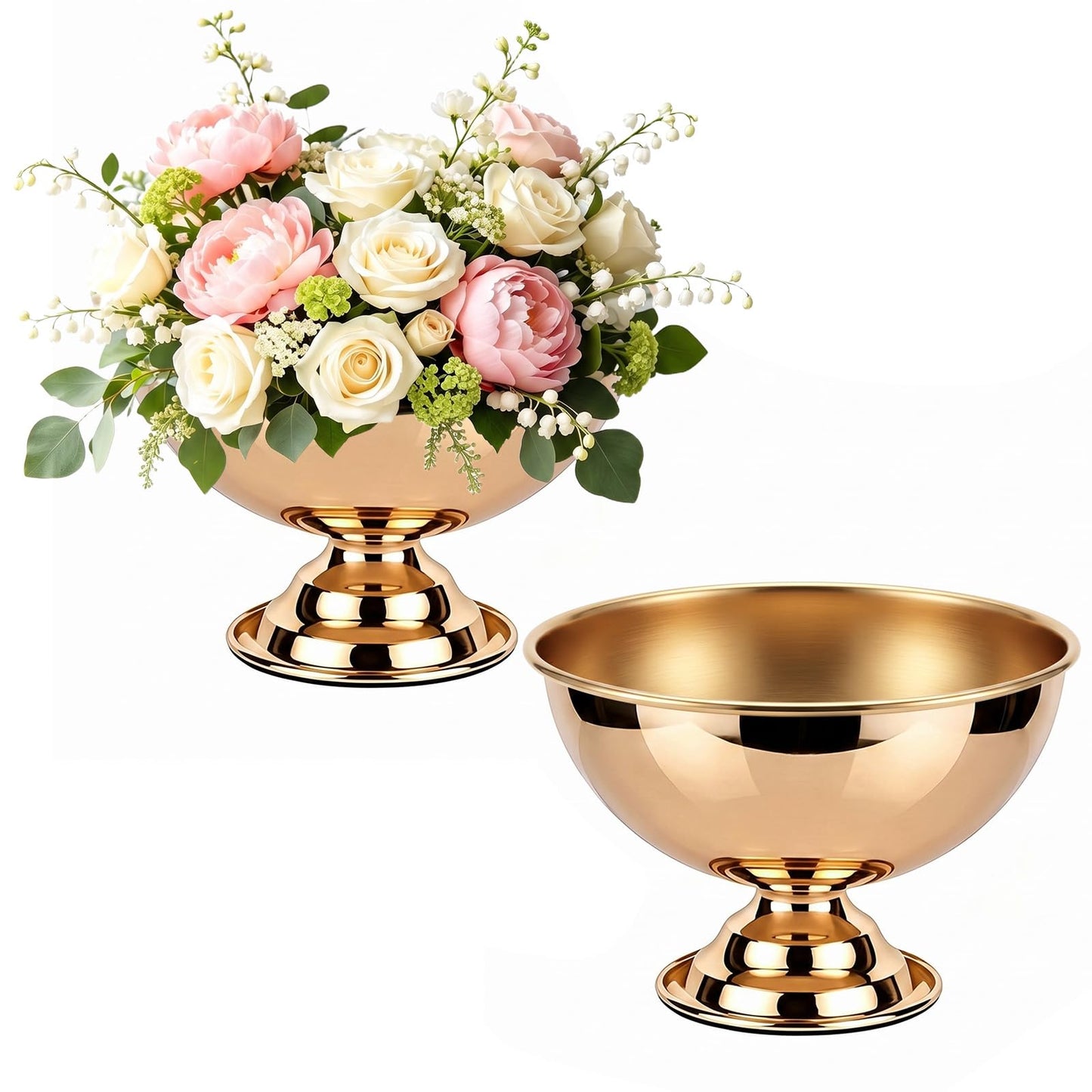 fehiuji Gold Vases for Centerpieces 2 Pack, 8.07 Inch Electroplated Mirror Finish Footed Bowl for Wedding & Home Decor