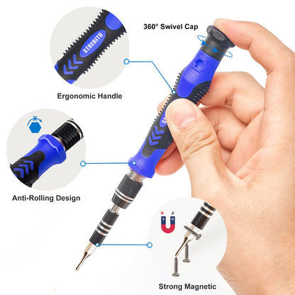 STREBITO Precision Magnetic Screwdriver Set 124-Piece Electronics Tool Kit with 101 Bits, for Computer, Laptop, Cell Phone, PC, MacBook, iPhone, PS4, PS5, Xbox Repair