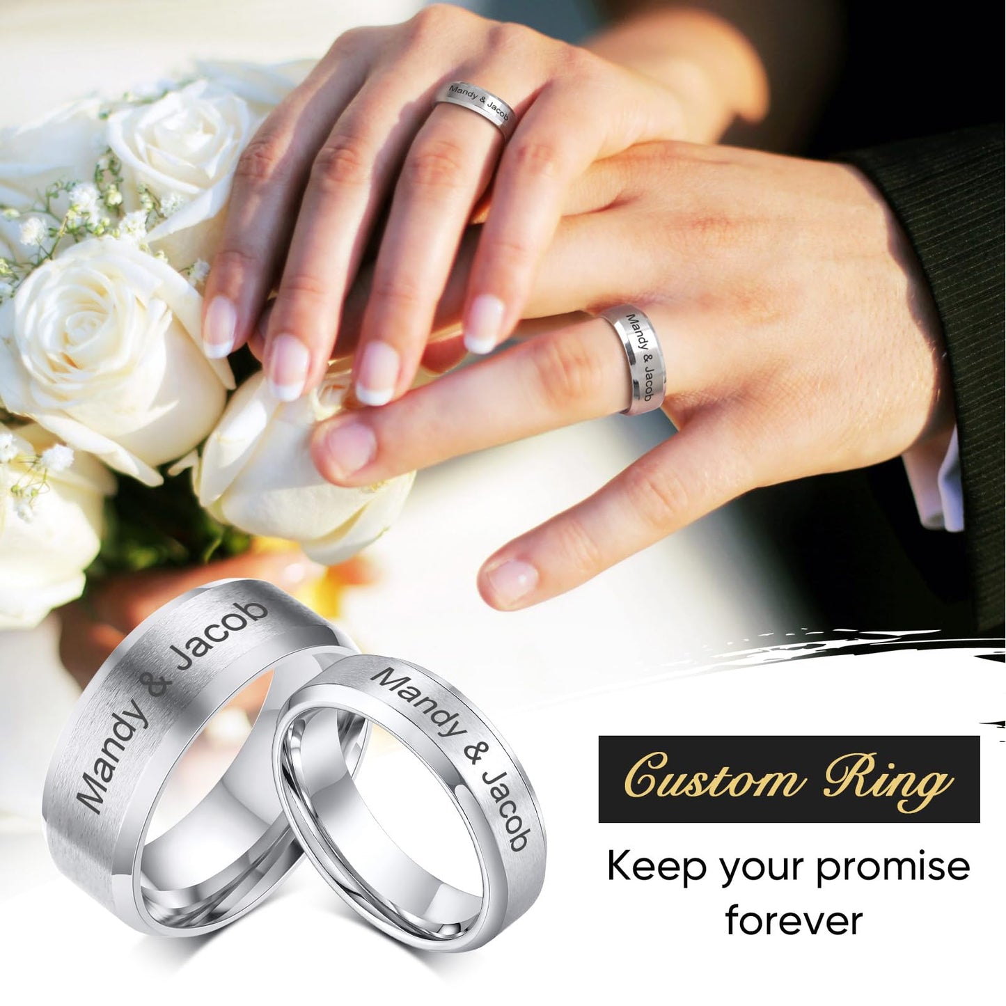 VNOX Customize Personalized Name Date LOVE 8MM Stainless Steel Simple Matte Brushed Finish Wedding Band Engagement Rings for Men Women,Size 11,Silver