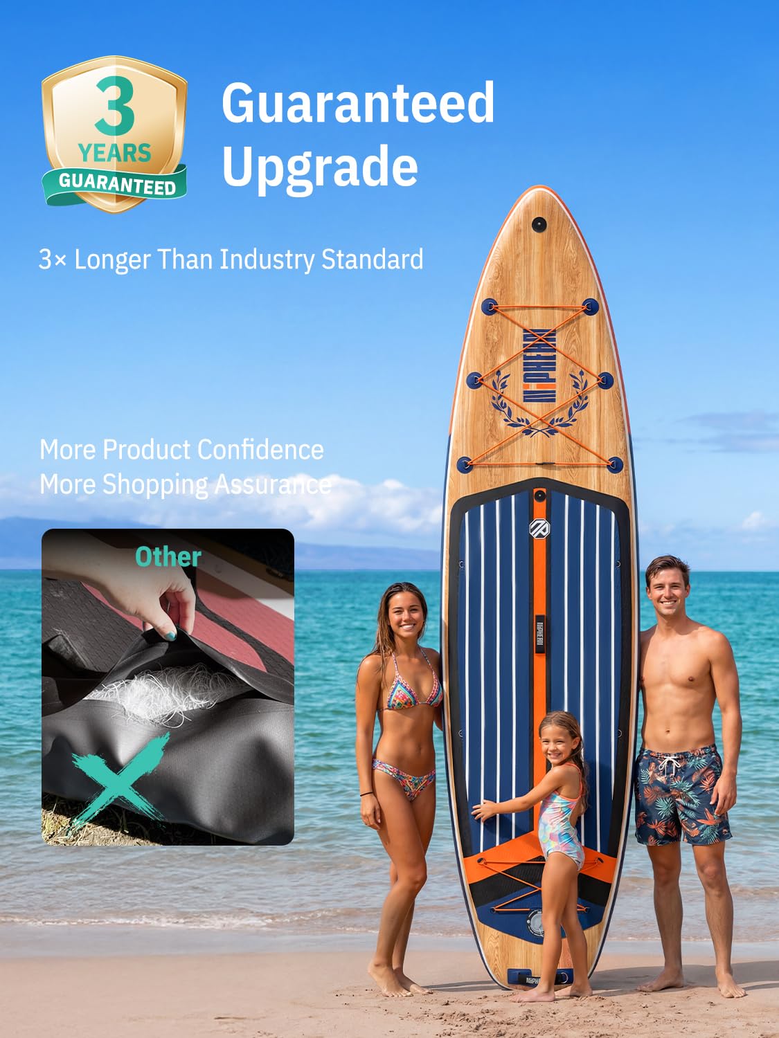 Niphean (Extra Large) Inflatable Paddle Board, SUP for 2+1 People/Family 500lbs Capacity Stand Up Paddle Board with SUP Accessories, StabilTrac Fin Non-Slip Paddleboard for Adults-Light Gray