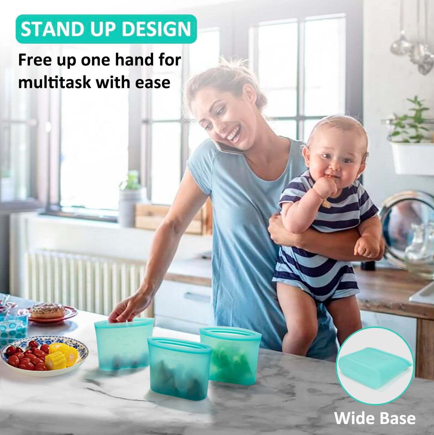 Reusable Food Bags, 12 Pack 100% Silicone Food Storage Bags Stand Up Zip Lock Container, Freezer Microwave Oven Dishwasher Safe, 4 Medium 4 Small 4 Extra Small, Aqua
